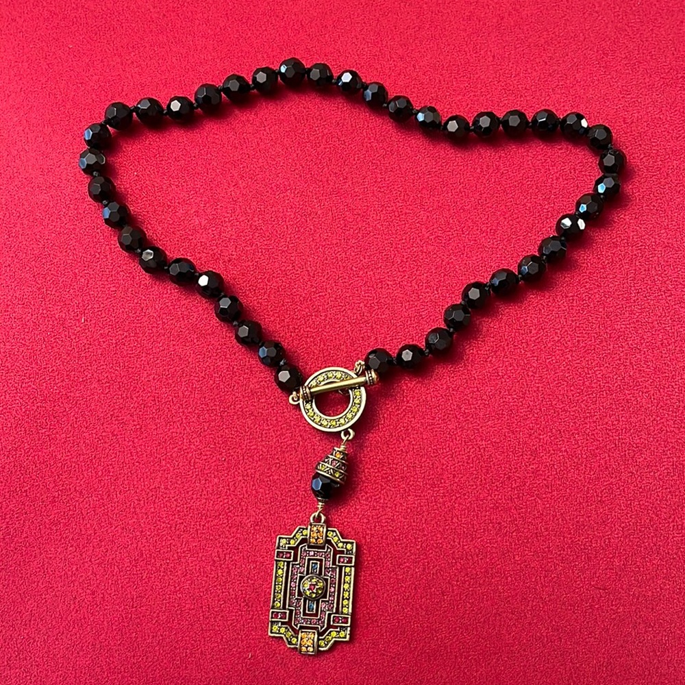 Heidi Daus Crystal Medallion Pendant and Green/Pink Color Beaded Necklace